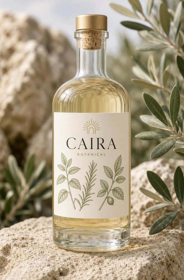 Pale gold concept bottle with a botanical label among olive branches